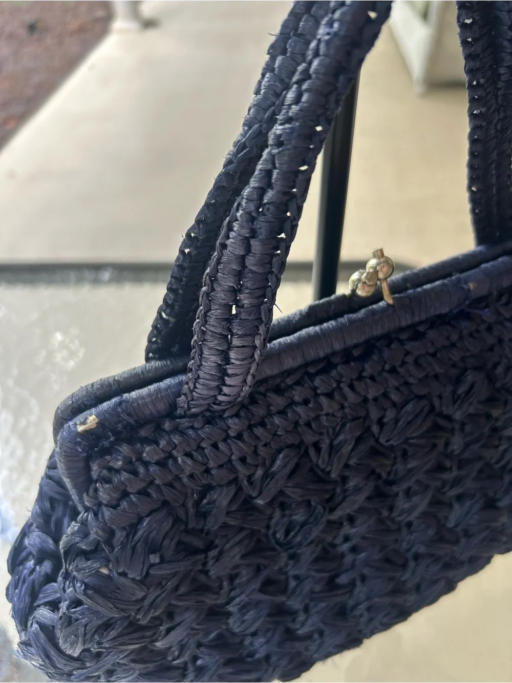 Navy Blue Woven Raffia Kiss Lock Top Handle Handbag Coastal Summer Purse